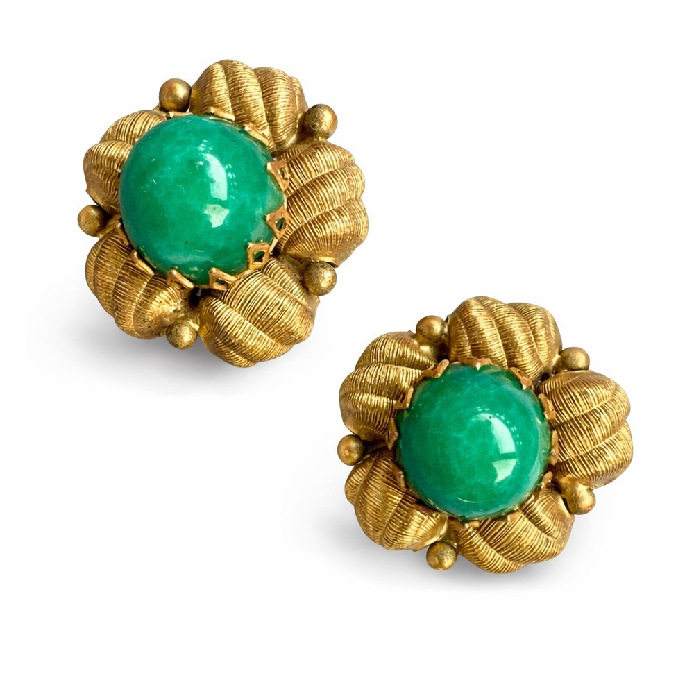Vintage SCAASI Green Cabochon Gold Tone Clip-On Earrings